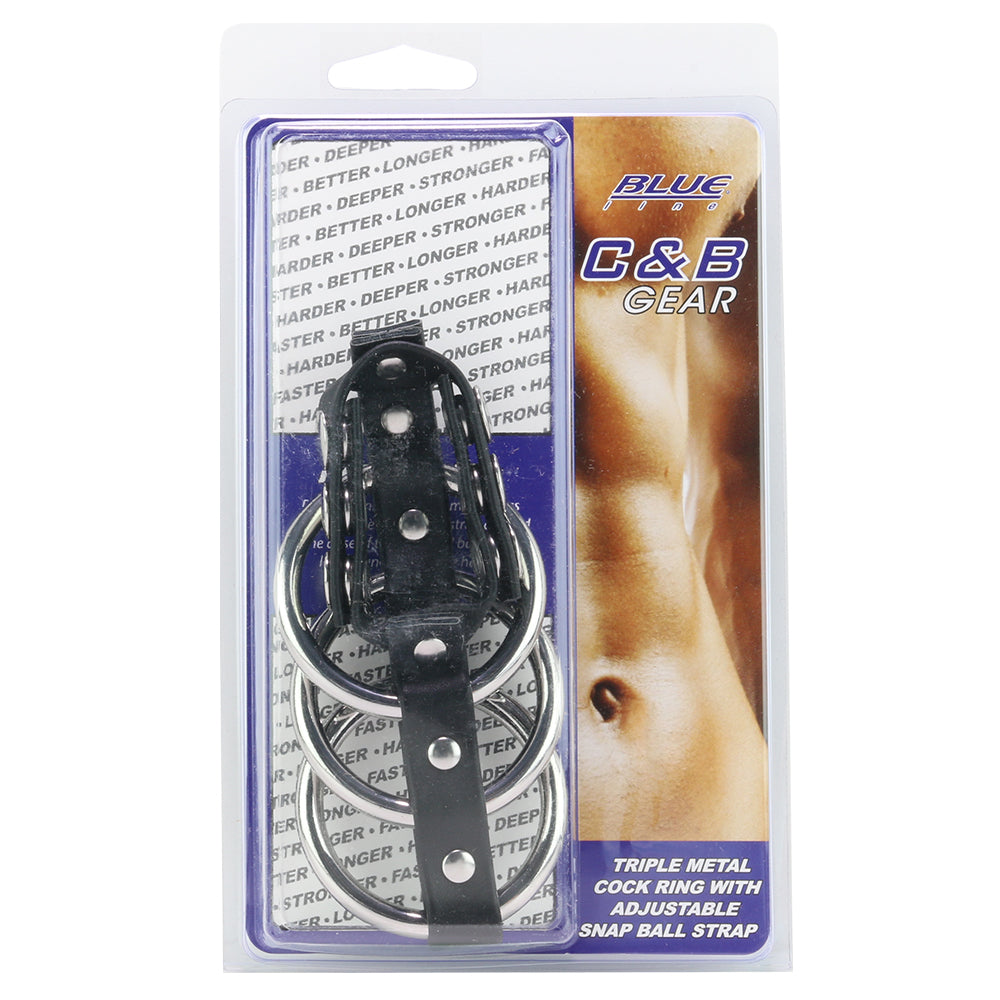 Blue Line Triple Metal C-Ring with Adjustable Ball Strap Bondage and Fetish > Cock and Ball Devices