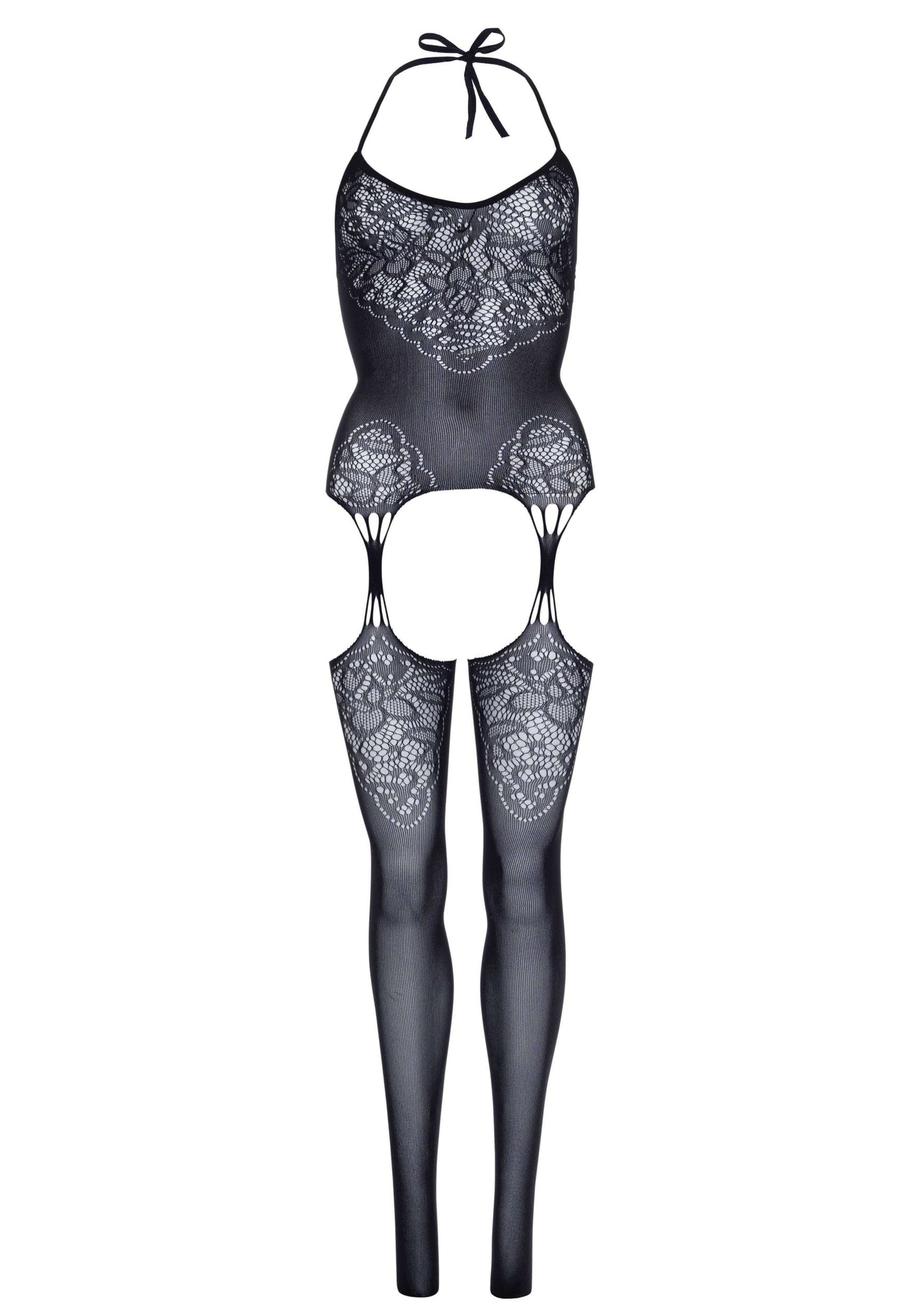 Lace Jacquard Suspender Bodystocking One Size Black Lingerie