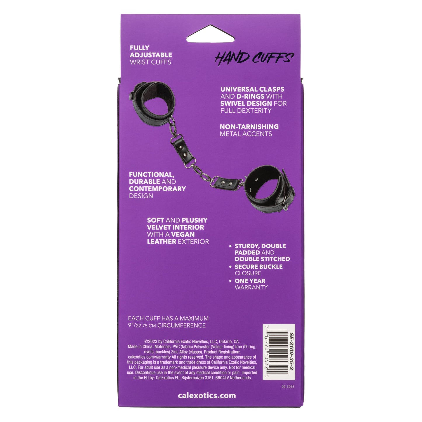 Euphoria Collection Black Adjustable Hand Cuffs with Velvet Interior and Vegan Leather Exterior