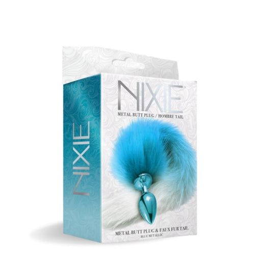 NIXIE Metal Butt Plug With Tail Metallic Blue 15 Inch Super Soft Hombre Tail 3.2 x 2.4 Inch Plug