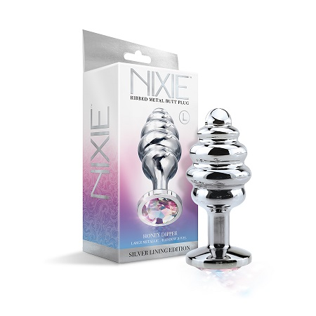 Nixie Ribbed Metal Butt Plug Honey Dipper Large Silver Lining Edition