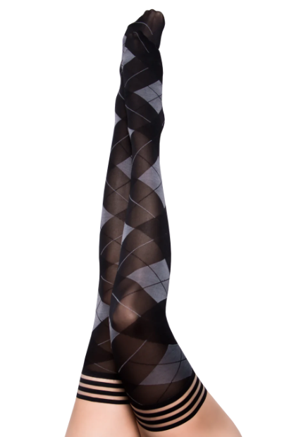 Kixies Kimmie Size B Argyle Black and Gray Thigh-High Tights with No-Slip Grip