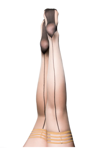 Kixies Ruby Nude Sheer Thigh Highs with Black Back Seam and Cuban Heel Size C