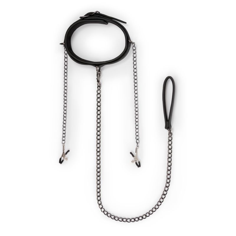 Collar With Nipple Chains Made From Faux Leather