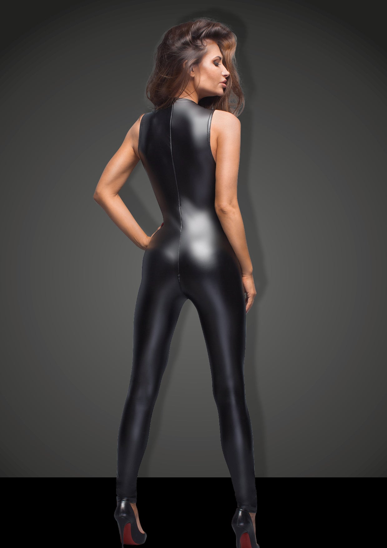 Sleeveless Power Wetlook Overall With Lace and Zipper Detail