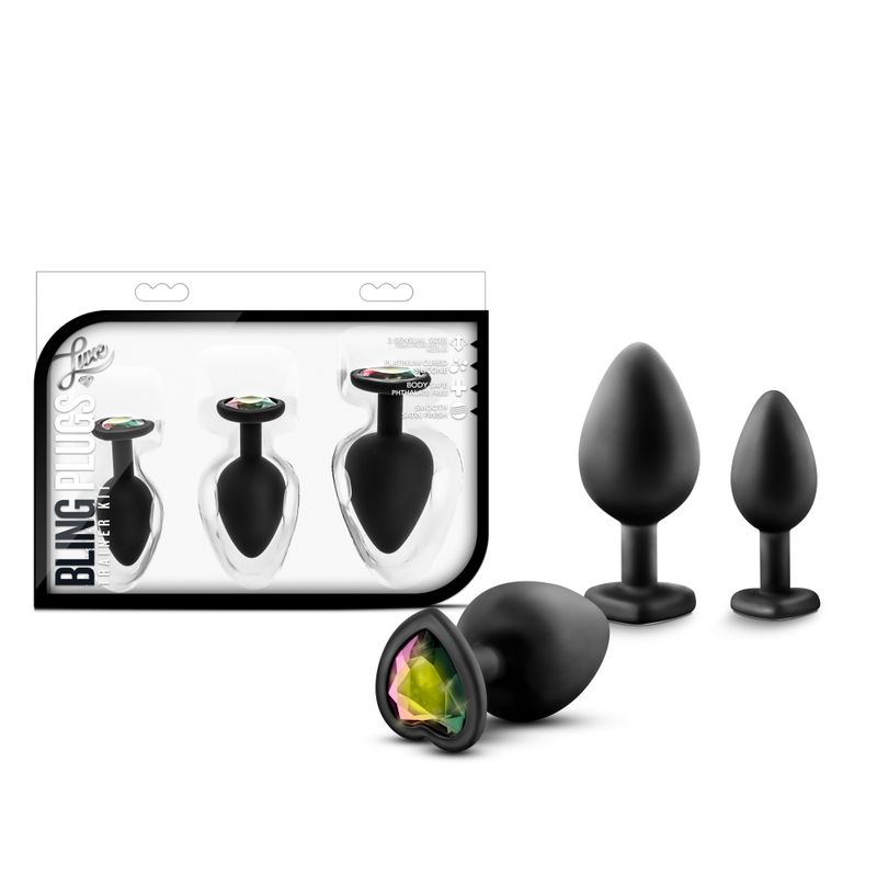 Luxe Bling Plugs Training Kit Black With Rainbow Gems 3 Sizes
