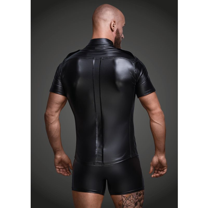 Black Wet Look Short Sleeve Shirt With Front Pockets