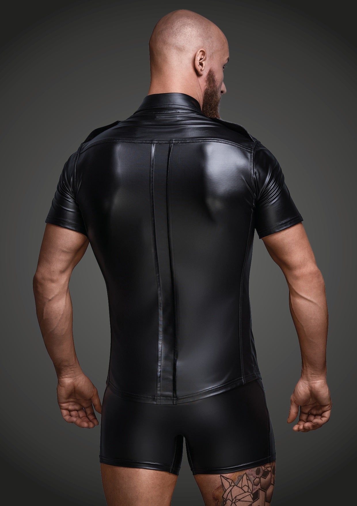 Black Wet Look Short Sleeve Shirt With Front Pockets