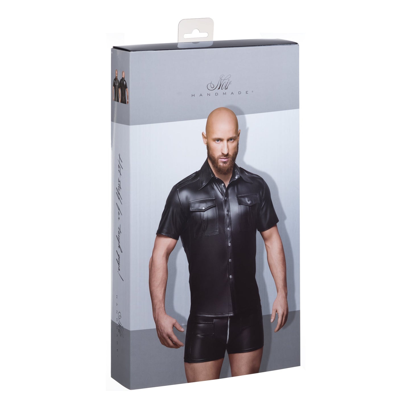 Black Wet Look Short Sleeve Shirt With Front Pockets