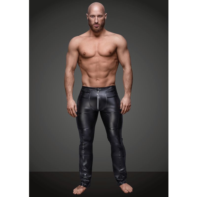 Wet Look Black Pants for Men with Zipper Detail