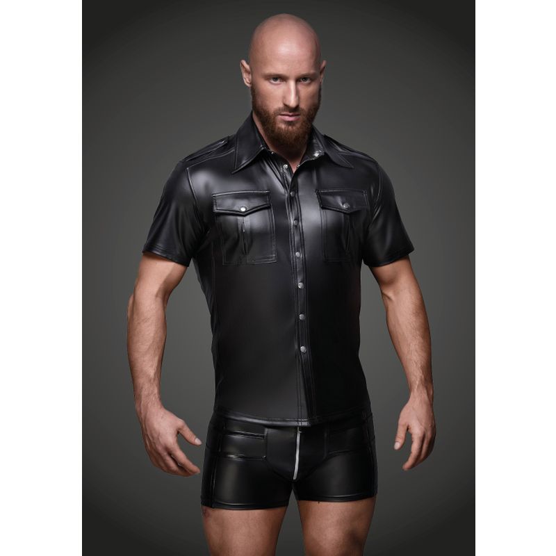 Black Wet Look Short Sleeve Shirt With Front Pockets
