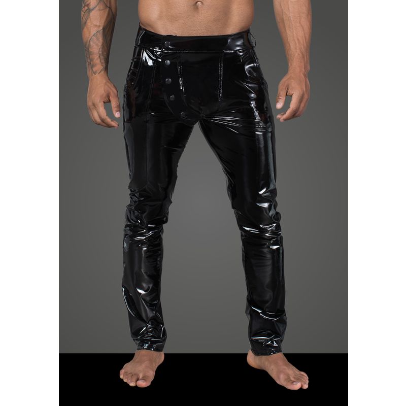 Long Black Elastic PVC Pants for Men with Front Snaps