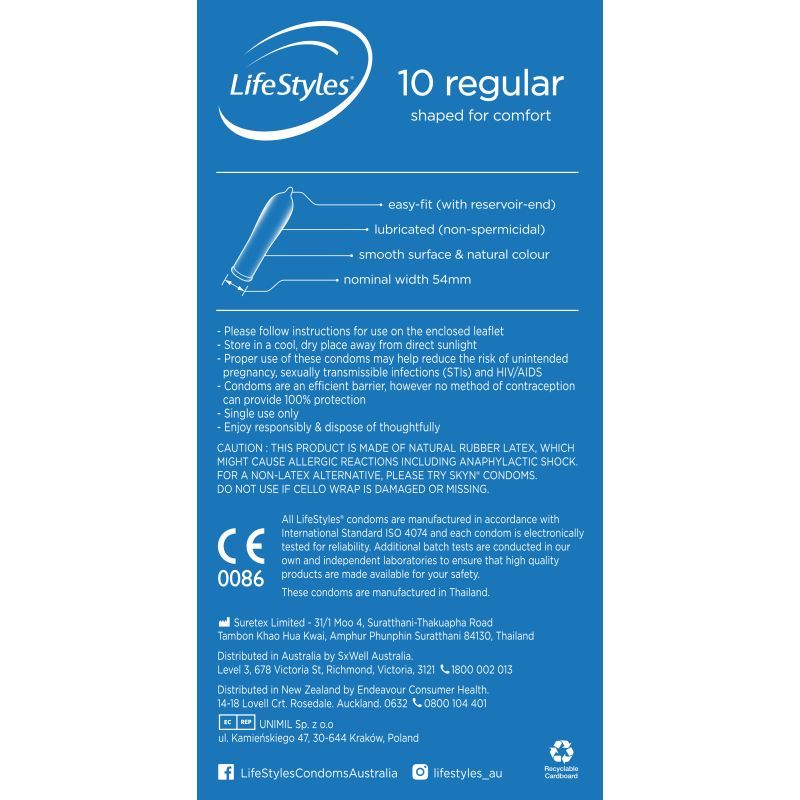 LifeStyles Regular – Easy-Fit Lubricated Latex Condoms 54mm 10 Pack