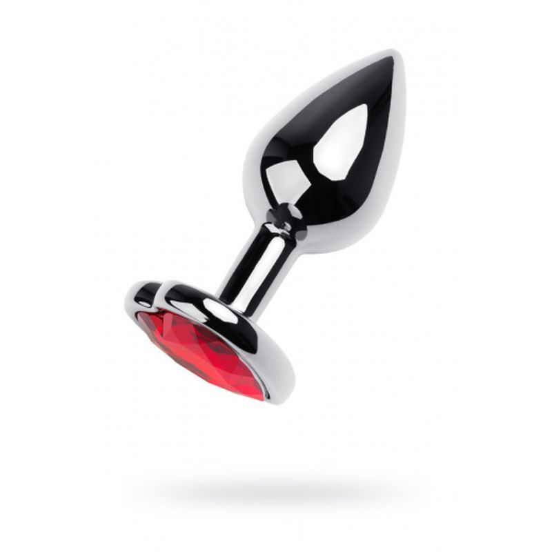 Silver Metal Anal Plug with Red Ruby Heart Gem Small