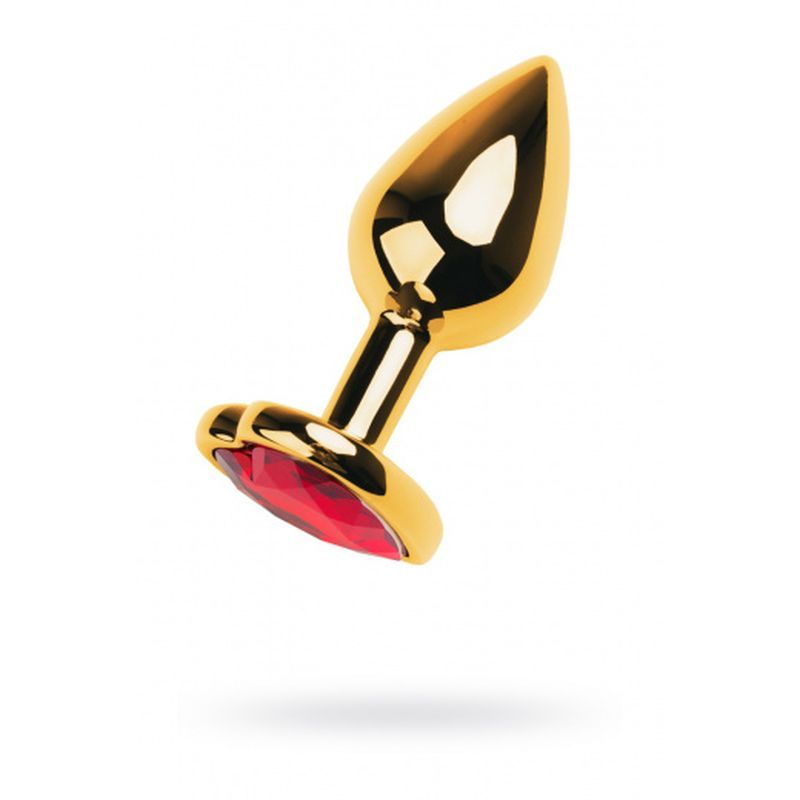 Gold Metal Anal Plug with Red Ruby Heart Crystal Small