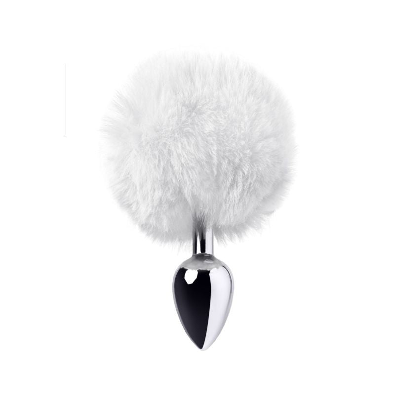 Silver Metal Anal Plug Small with White Faux Fur Tail