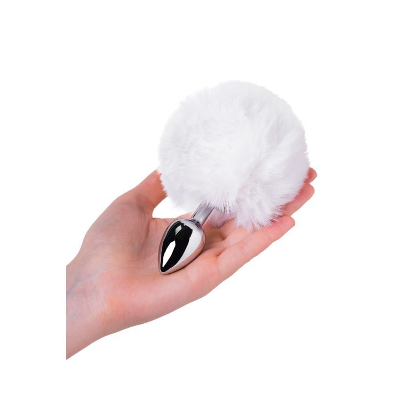 Silver Metal Anal Plug Small with White Faux Fur Tail