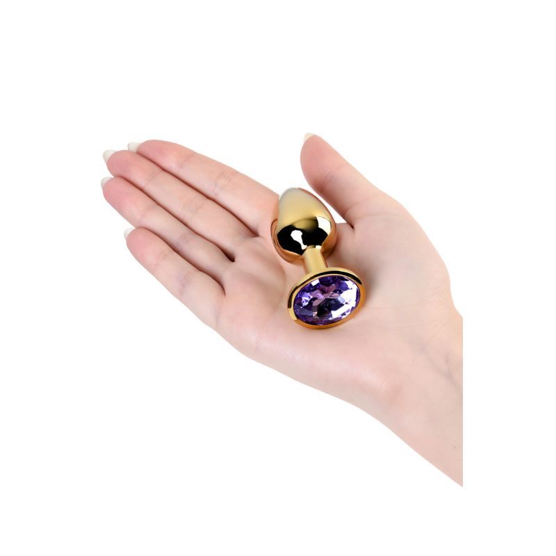 Gold Metal Anal Plug with Amethyst Crystal Small