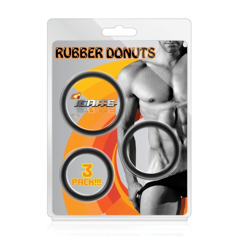 Rubber Donuts (Black) – 3 Pc Phthalate-Free Cock Rings Set