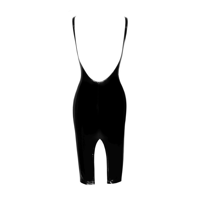 Noir PVC Midi Dress With Front Zipper And Frilled Chest Strap