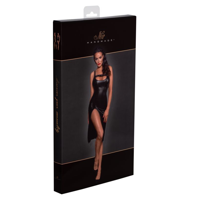 Noir Power Wetlook Midi Dress With Front Zipper And Slit