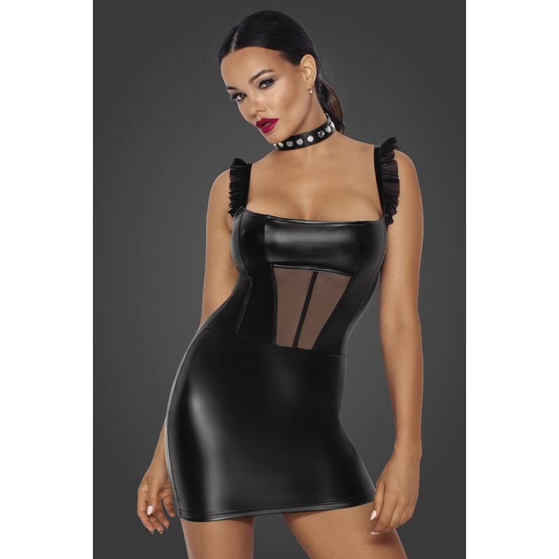 Noir Power Wetlook Short Dress with Front Tulle Inserts