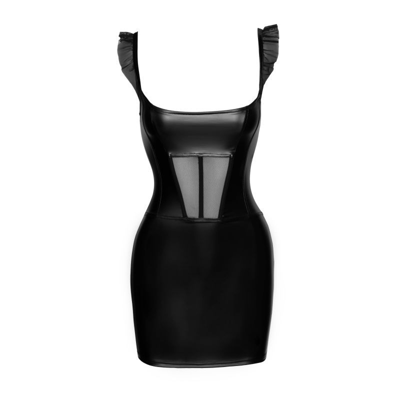 Noir Power Wetlook Short Dress with Front Tulle Inserts
