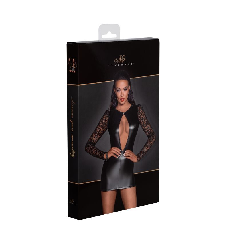 Power Wetlook Short Dress with Lace Sleeves