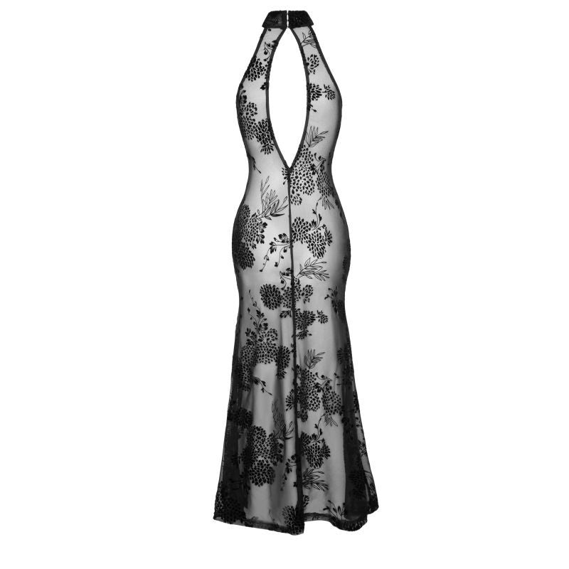 Long Tulle Dress with Intricate Flock Embroidery for Seductive Elegance