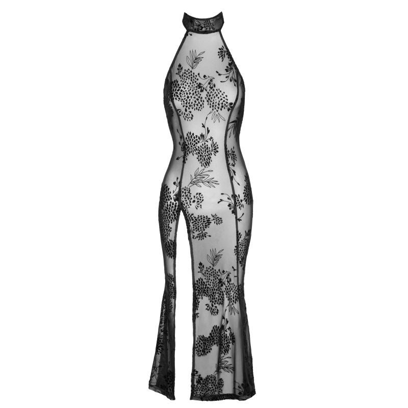 Long Tulle Dress with Intricate Flock Embroidery for Seductive Elegance
