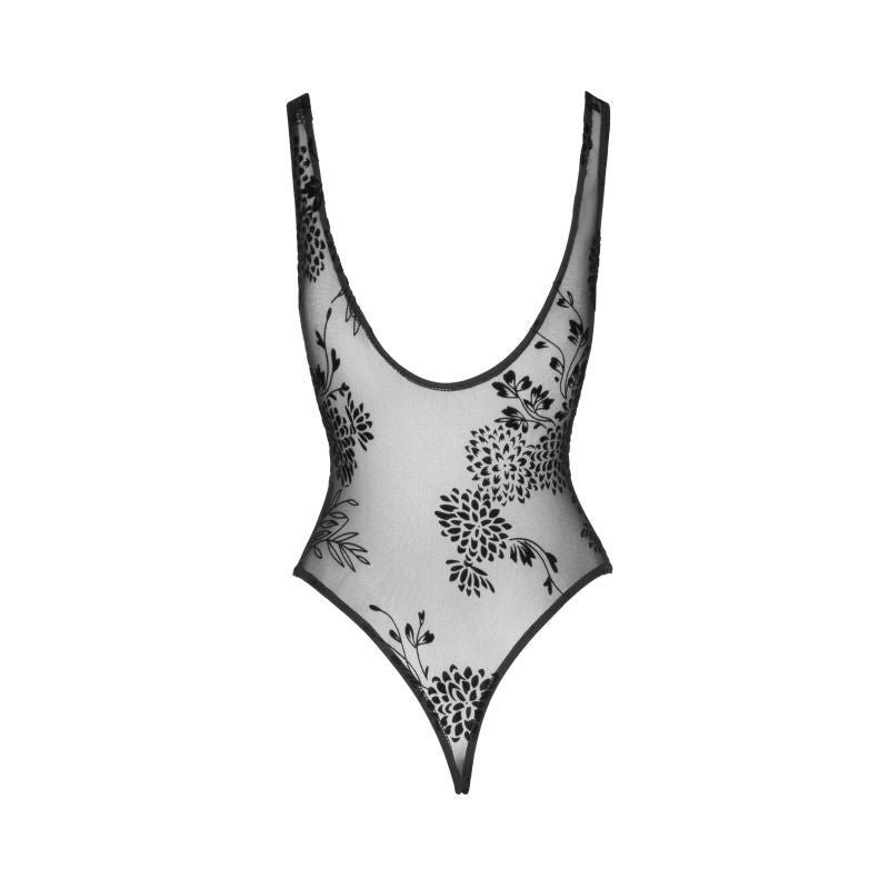 Tulle Bodysuit with Patterned Flock Embroidery