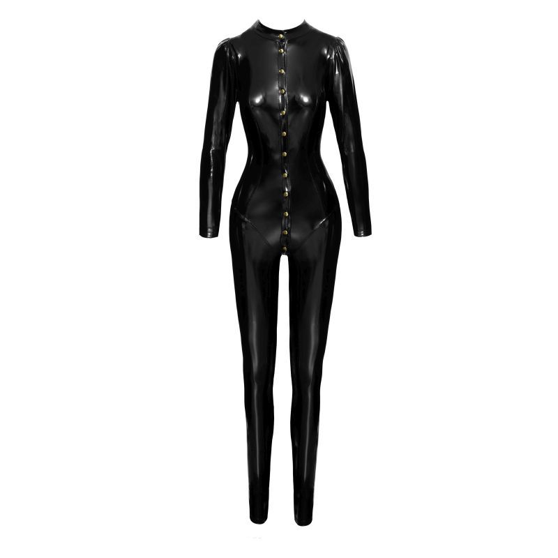 Long Button-Up PVC Overall Lingerie With Curved Seam Design