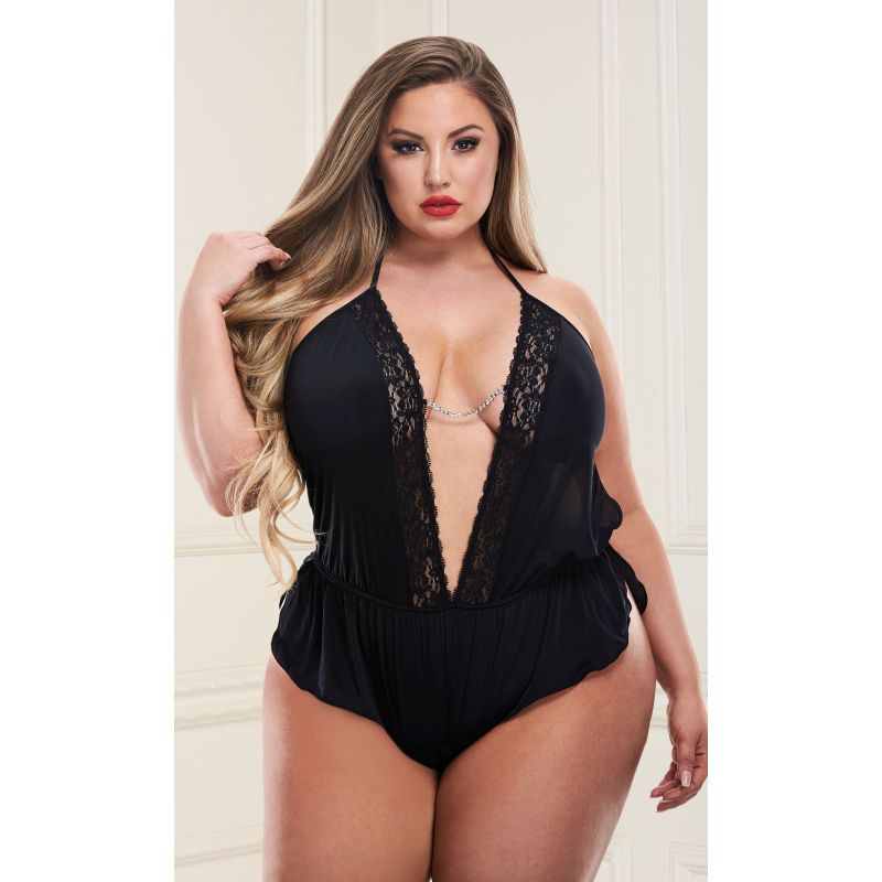Baci Lingerie Sexy Satin Teddy With Lace And Chain Detail