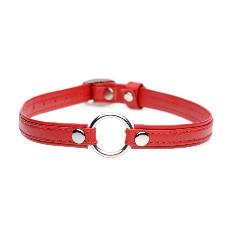 Fiery Pet Leather Choker with Silver Ring in Red