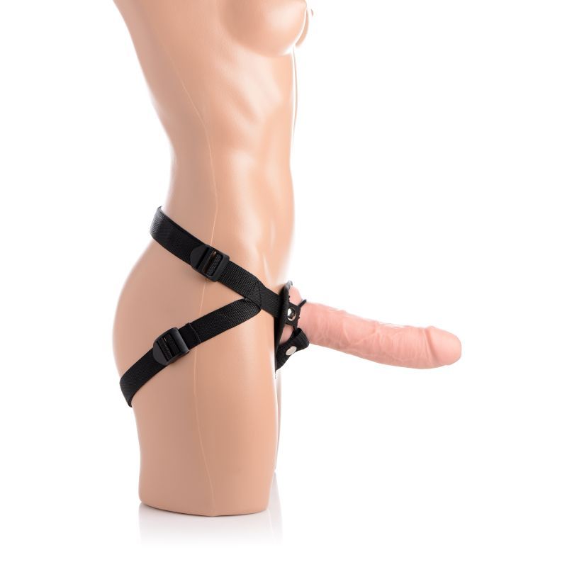 Brazen 8 Inch Silicone Dildo with Harness in Flesh Color
