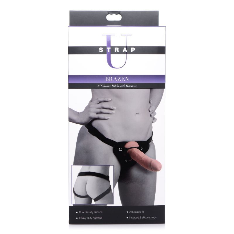 Brazen 8 Inch Silicone Dildo with Harness in Flesh Color