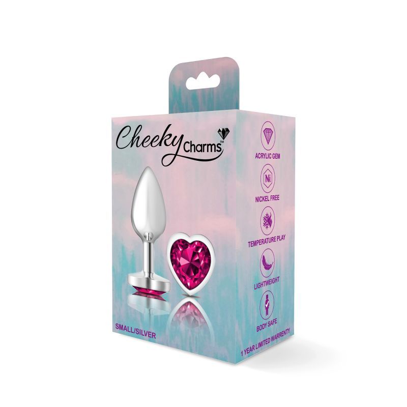 Cheeky Charms Silver Metal Butt Plug with Heart Pink Jewel Small