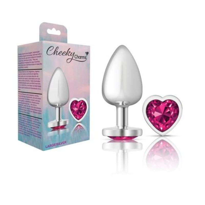 Cheeky Charms Silver Metal Butt Plug with Heart Pink Jewel Large