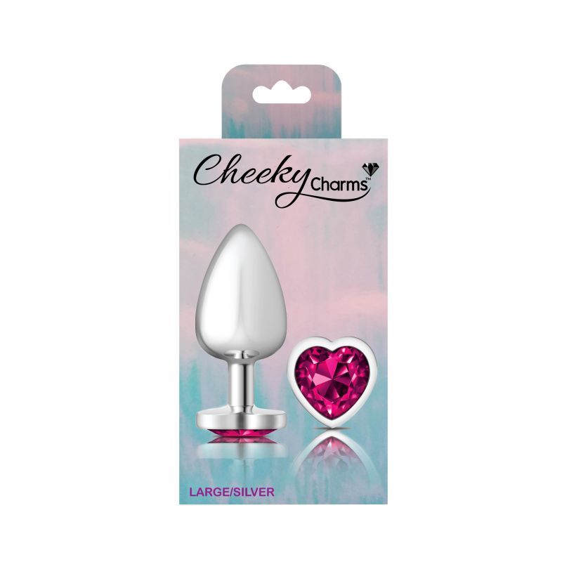 Cheeky Charms Silver Metal Butt Plug with Heart Pink Jewel Large