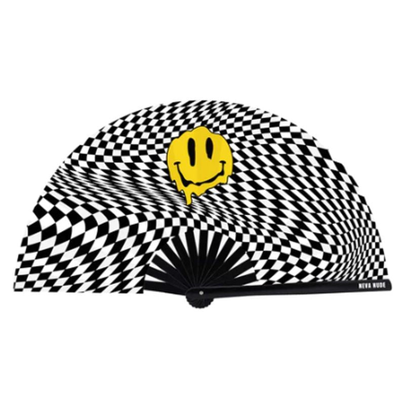 Trippy Checkers Melty Face Folding Fan for Festivals and Parties