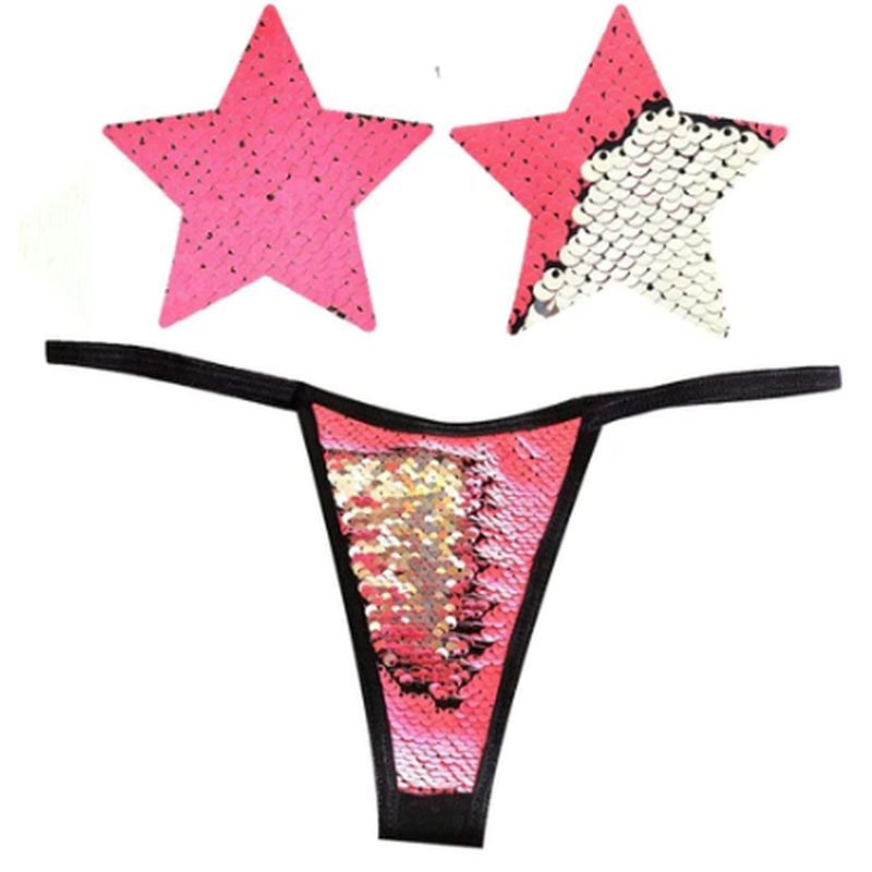 Neon Pink and Silver Blacklight Sequin Pastie and Panty Set