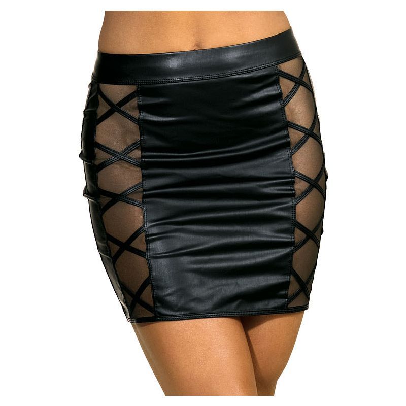 Stretch Wetlook Mesh Skirt with Criss Cross Detail Black