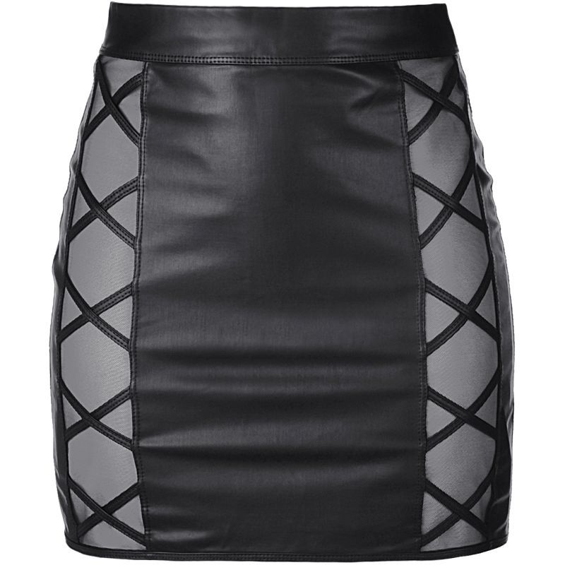 Stretch Wetlook Mesh Skirt with Criss Cross Detail Black