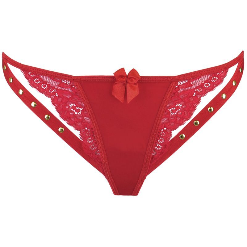 Microfiber and Lace G-String with Studs in Red