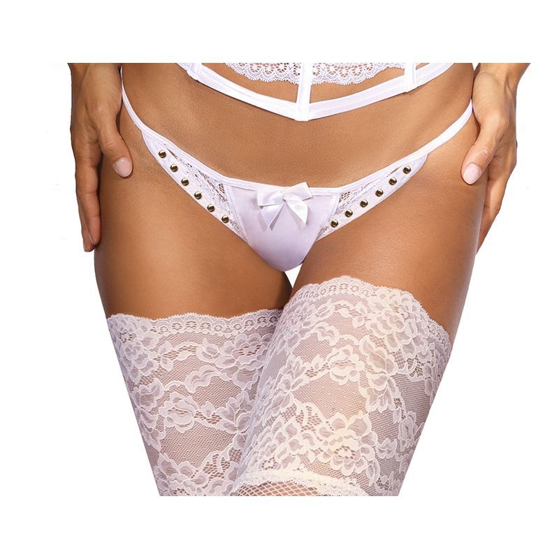 Microfiber and Lace G-String with Studs in White