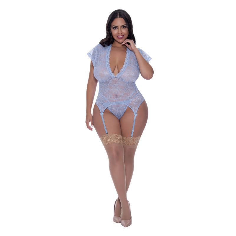 Cap Sleeve Lace Basque and Thong Lingerie Set Plus Queen