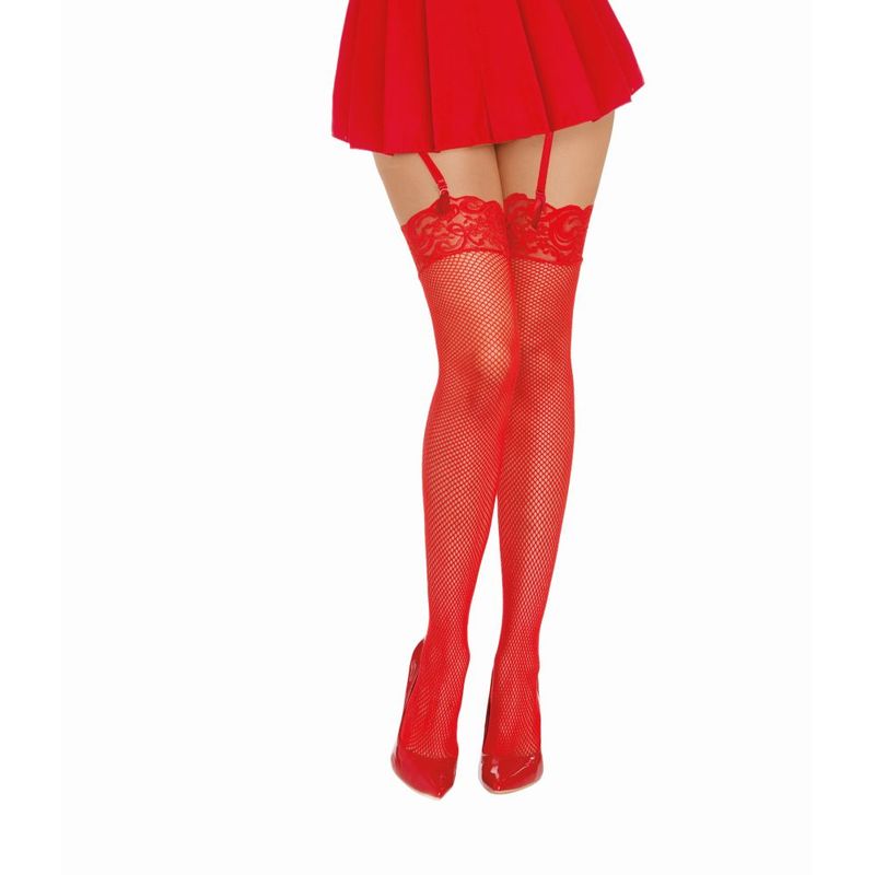 Dreamgirl Thigh High Fishnet Stockings (Black / Red) – Lace Top Stockings