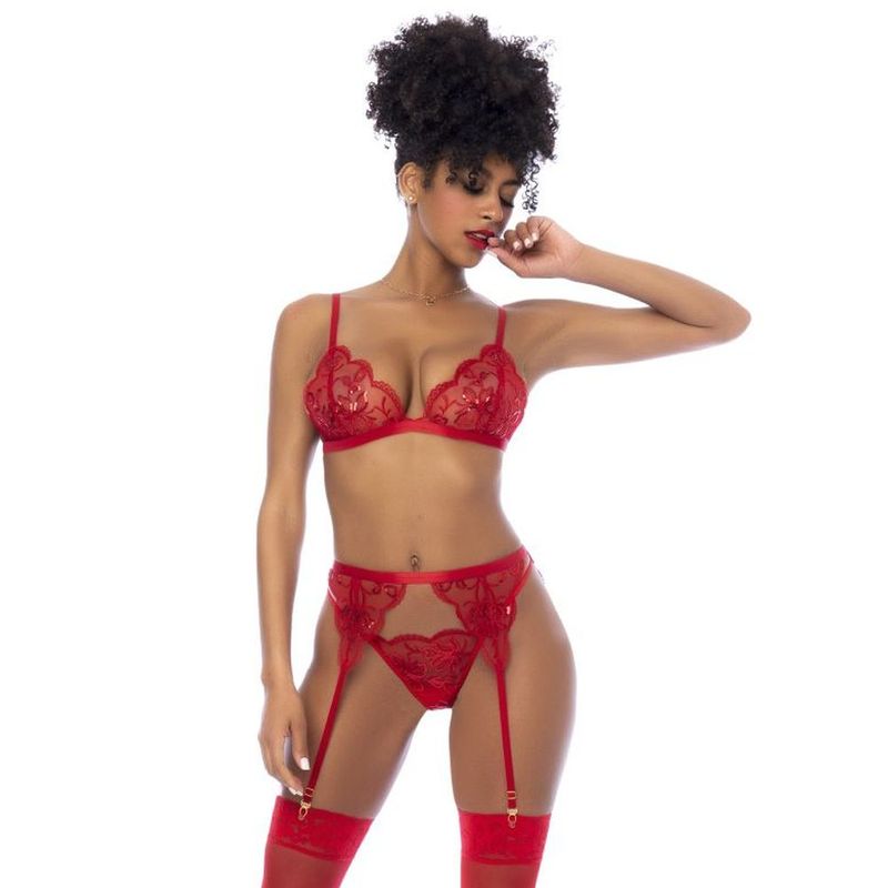 Red 3 Piece Set with Bralette, Garter Belt, and Thong – Luxury Lingerie Set