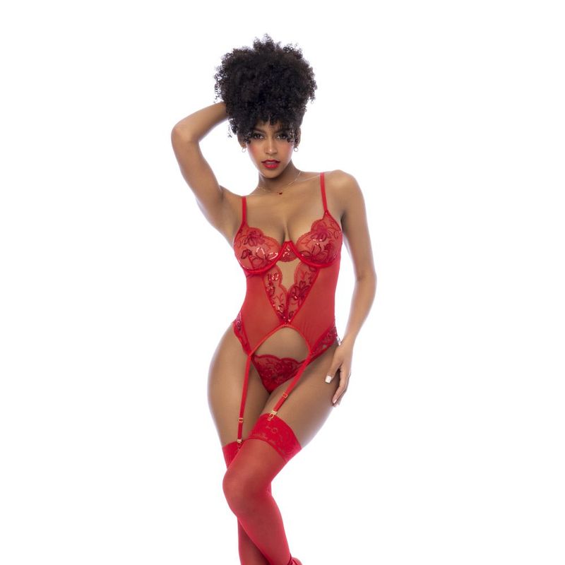 Red Sequin Embroidered Mesh Bustier Two-Piece Set with Matching Thong – Lingerie
