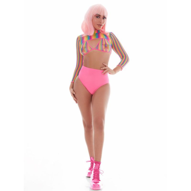 Rainbow Shrug Bikini Top Hot Pants Net Set with Pasties for Festivals and Raves